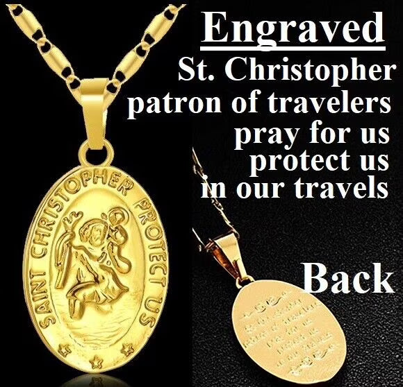 18k Gold Filled On Silver Saint Christopher Figaro Bar Chain Necklace W30103