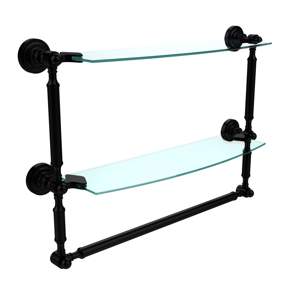 18x22 Two Tiered Glass Shelf with Integrated Towel Bar Matte Black V7721