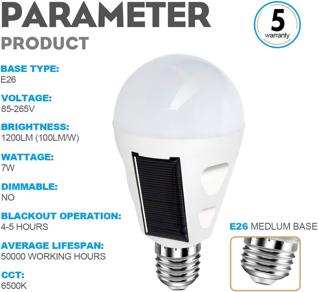 4 Pack LED Solar Rechargeable Emergency Light Bulbs, E26/E27 7W 6000k Y7954