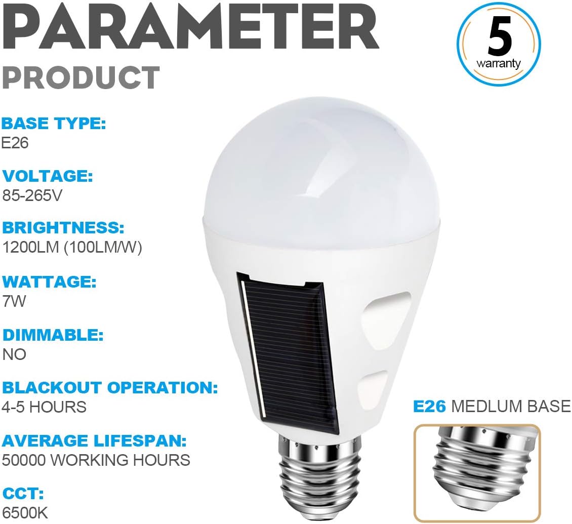 4 Pack LED Solar Rechargeable Emergency Light Bulbs, E26/E27 7W 6000k Y7954