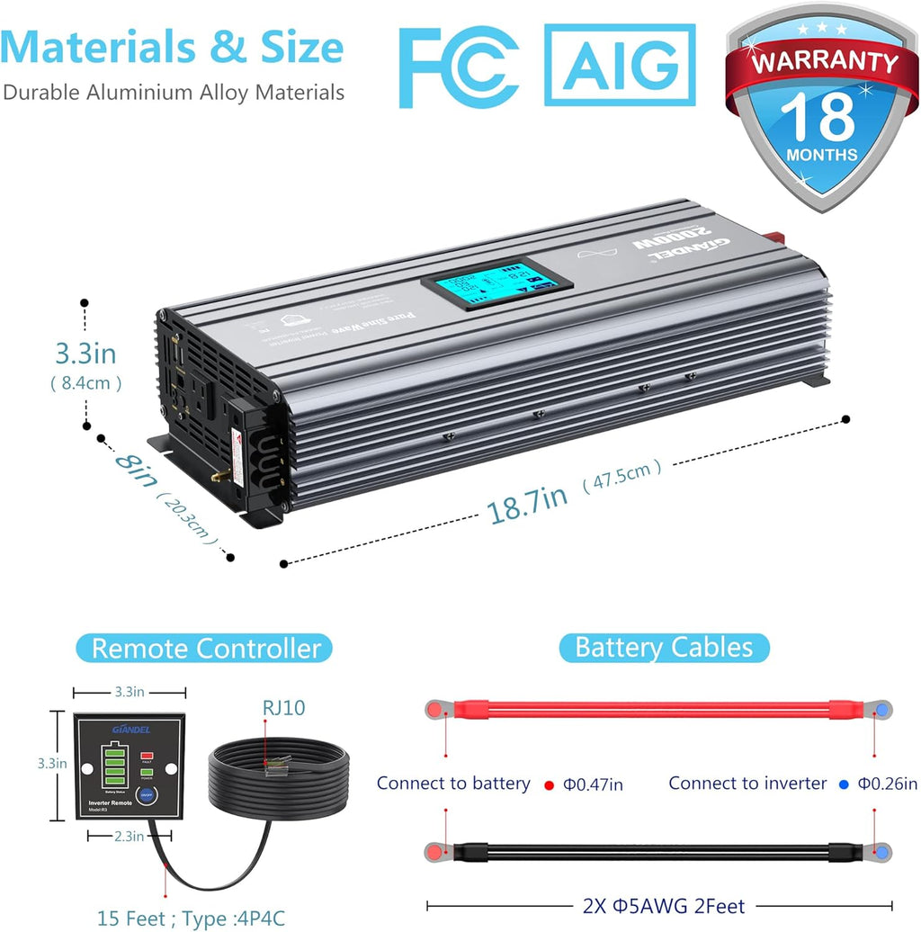 2000W Pure Sine Wave Power Inverter DC 12V to AC 120V with LCD Display Remote Controller Dual 2.4A USB Ports V7886