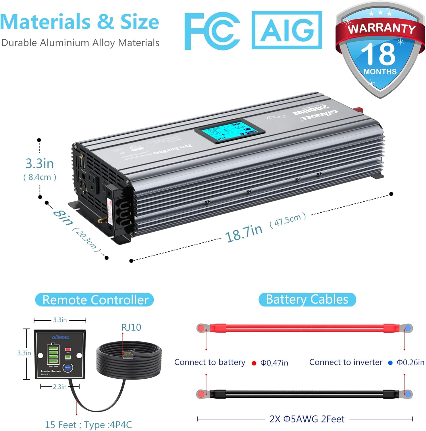 2000W Pure Sine Wave Power Inverter DC 12V to AC 120V with LCD Display Remote Controller Dual 2.4A USB Ports V7886