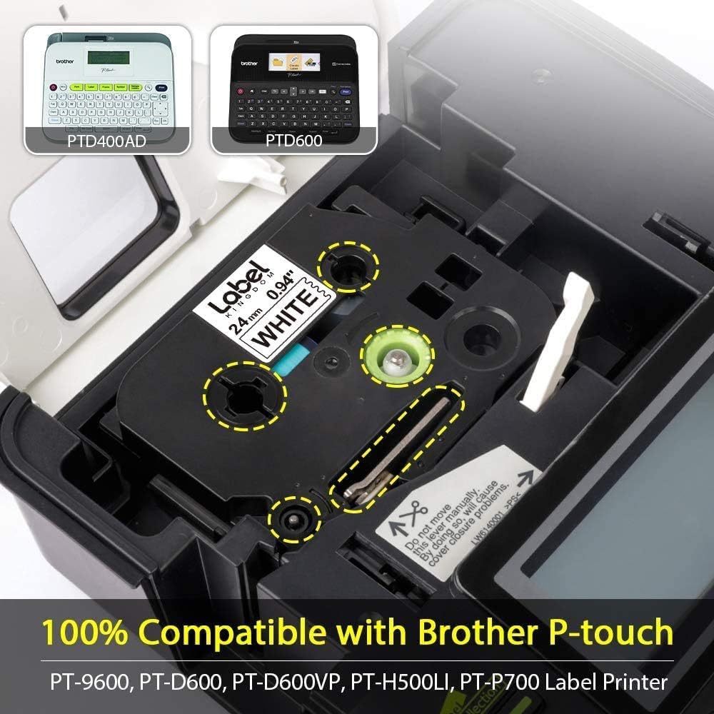 Compatible Label Tape Replacement for Brother Ptouch, 24mm Black on White, 8-Pack T4998