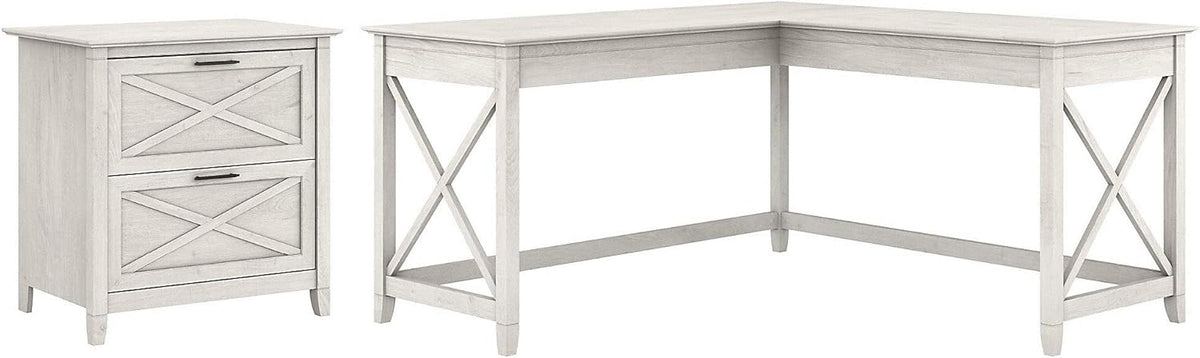 L Shaped Desk with 2 Drawer Lateral File Cabinet, Dark Gray Hickory T9051