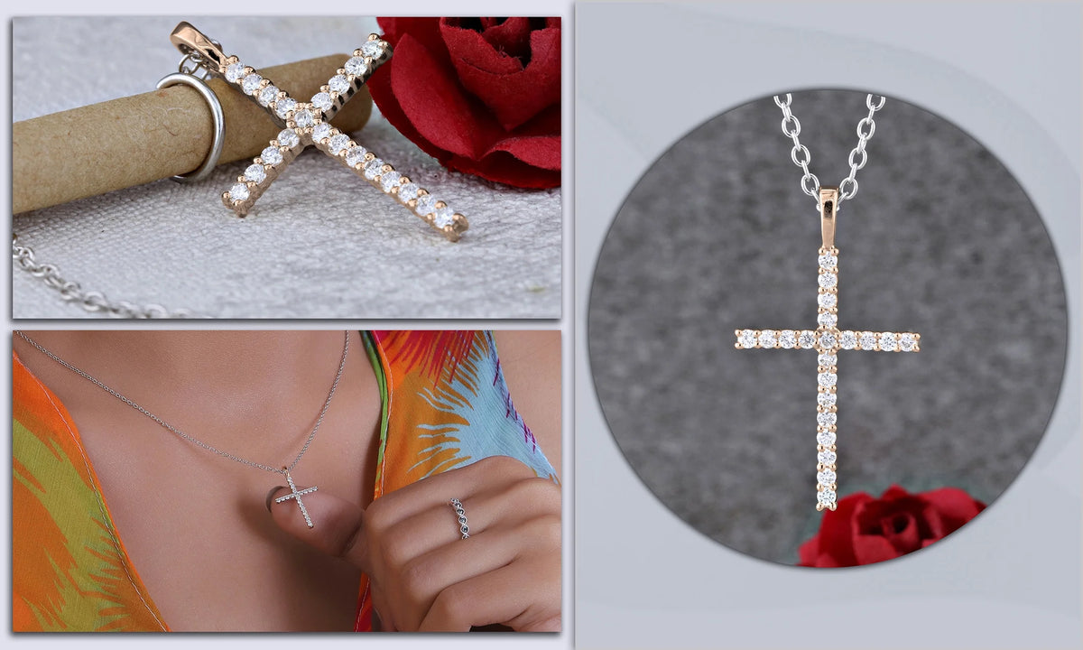 Round White Diamond Cross Pendant with 18 Inch Silver Chain in 14K Rose Gold G571