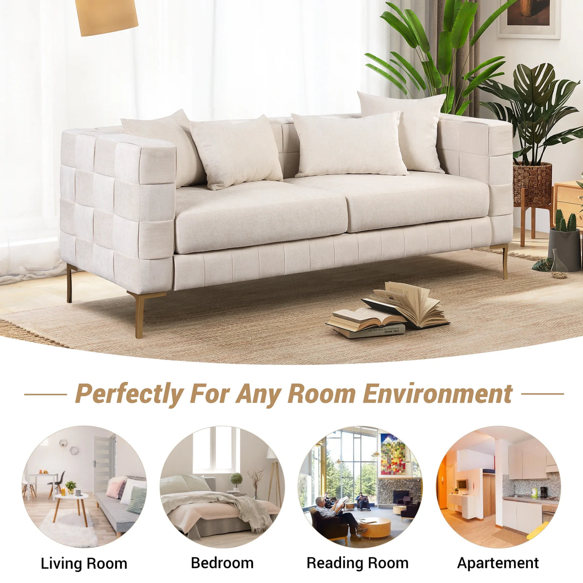 Beige Upholstered Sofa with 4 Pillows and Golden Metal Legs U1715