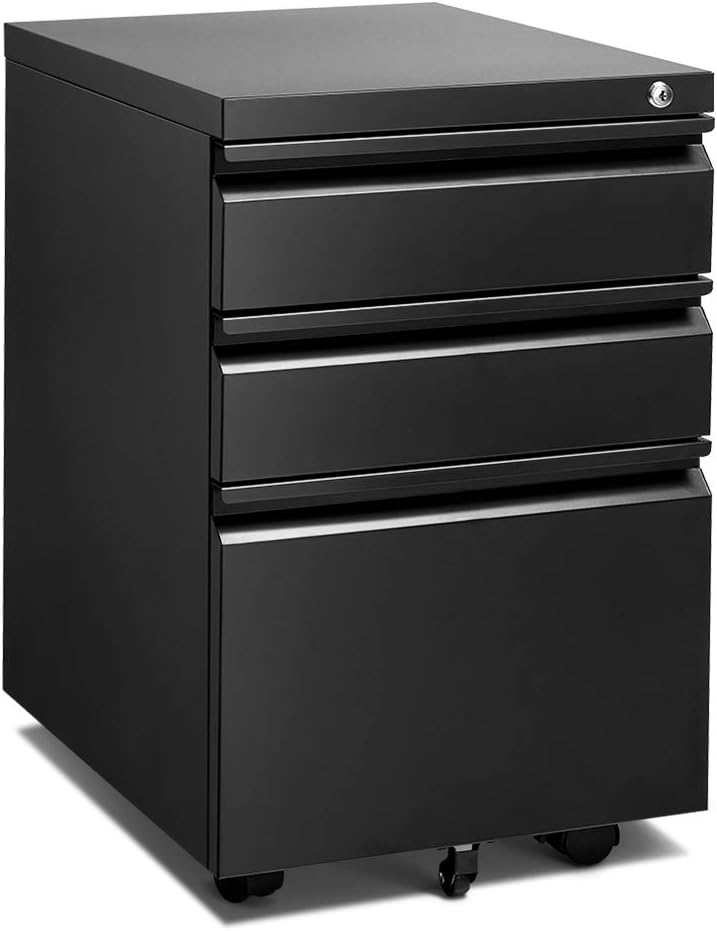 Black 3 Drawer Rolling Metal File Cabinet with Lock V1433