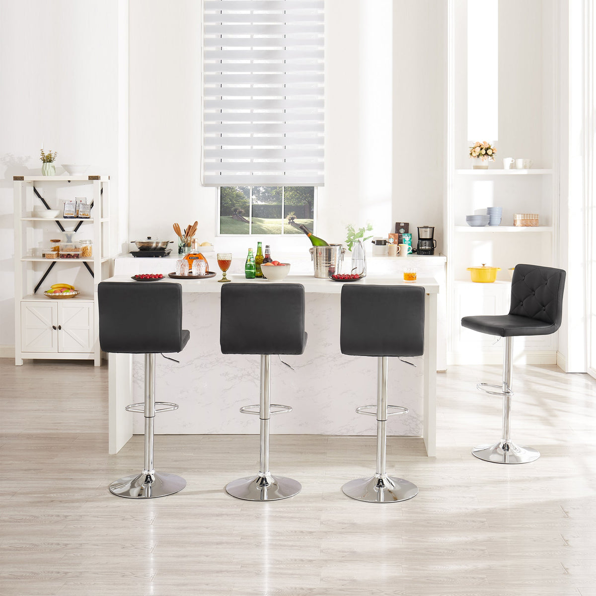Set of 2 PU Leather Adjustable Swivel Bar Stools with Back, Black Y68210