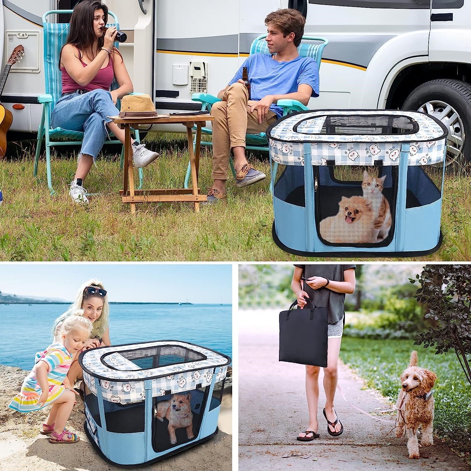 Foldable Portable Dog Cat Playpen Kennel Tent with Removable Shade Cover A6147