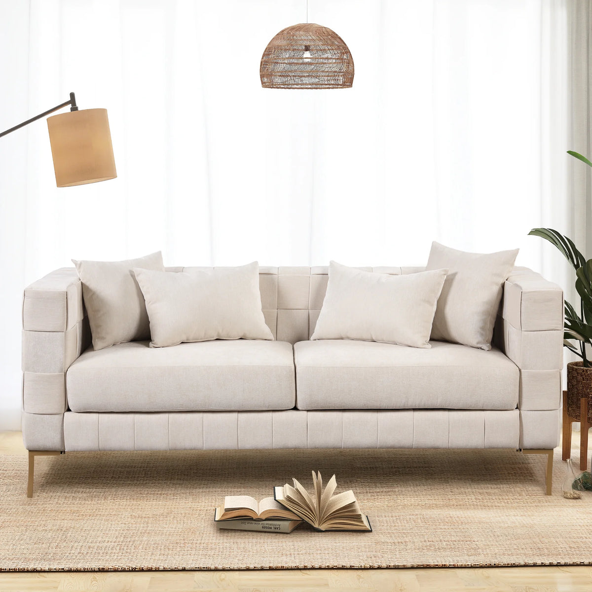 Beige Upholstered Sofa with 4 Pillows and Golden Metal Legs U1715