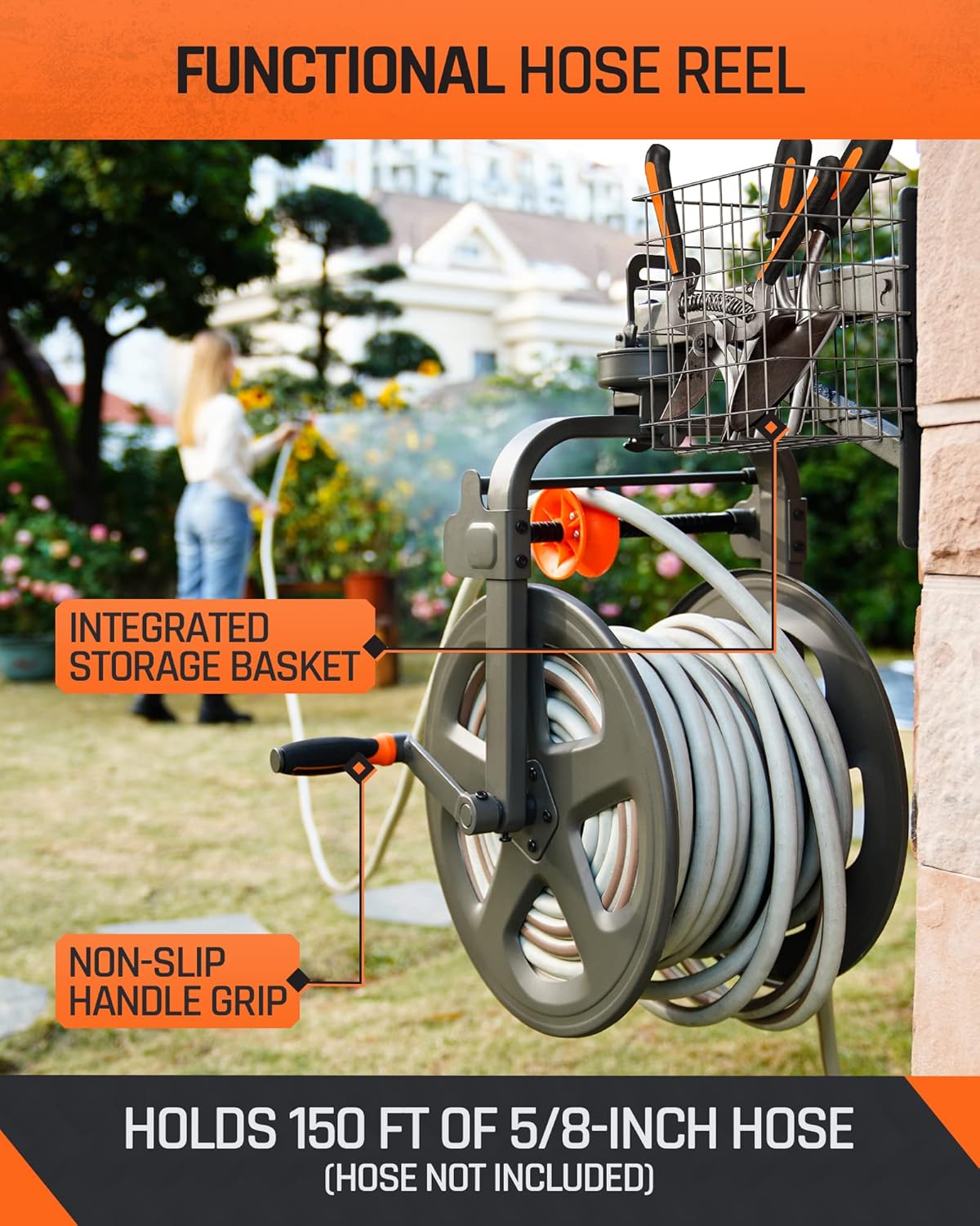 Wall Mounted Metal Hose Reel with Detachable Basket E560384