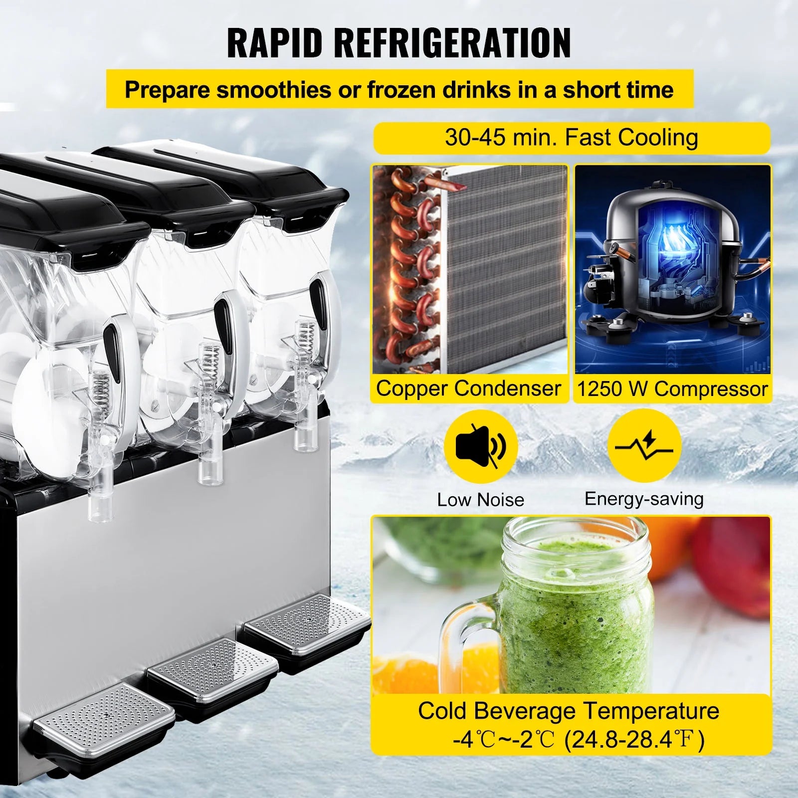110V Commercial Slushy Machine 10L x 3 Tank Frozen Drink Machine 1250W Stainless Steel L513