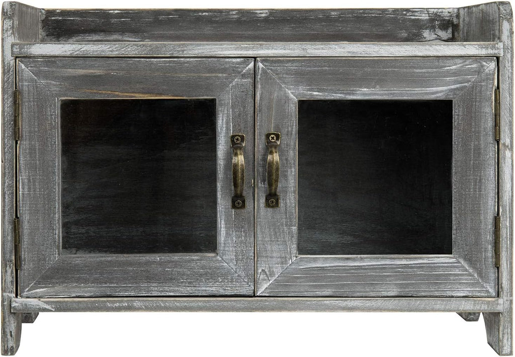 Rustic Gray Whitewashed Wood Counter Top Storage Cabinet with Glass Windows W99990