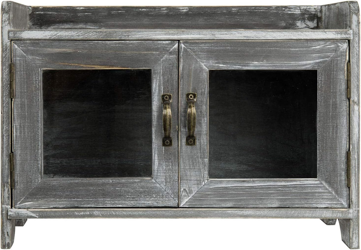 Rustic Gray Whitewashed Wood Counter Top Storage Cabinet with Glass Windows W99990