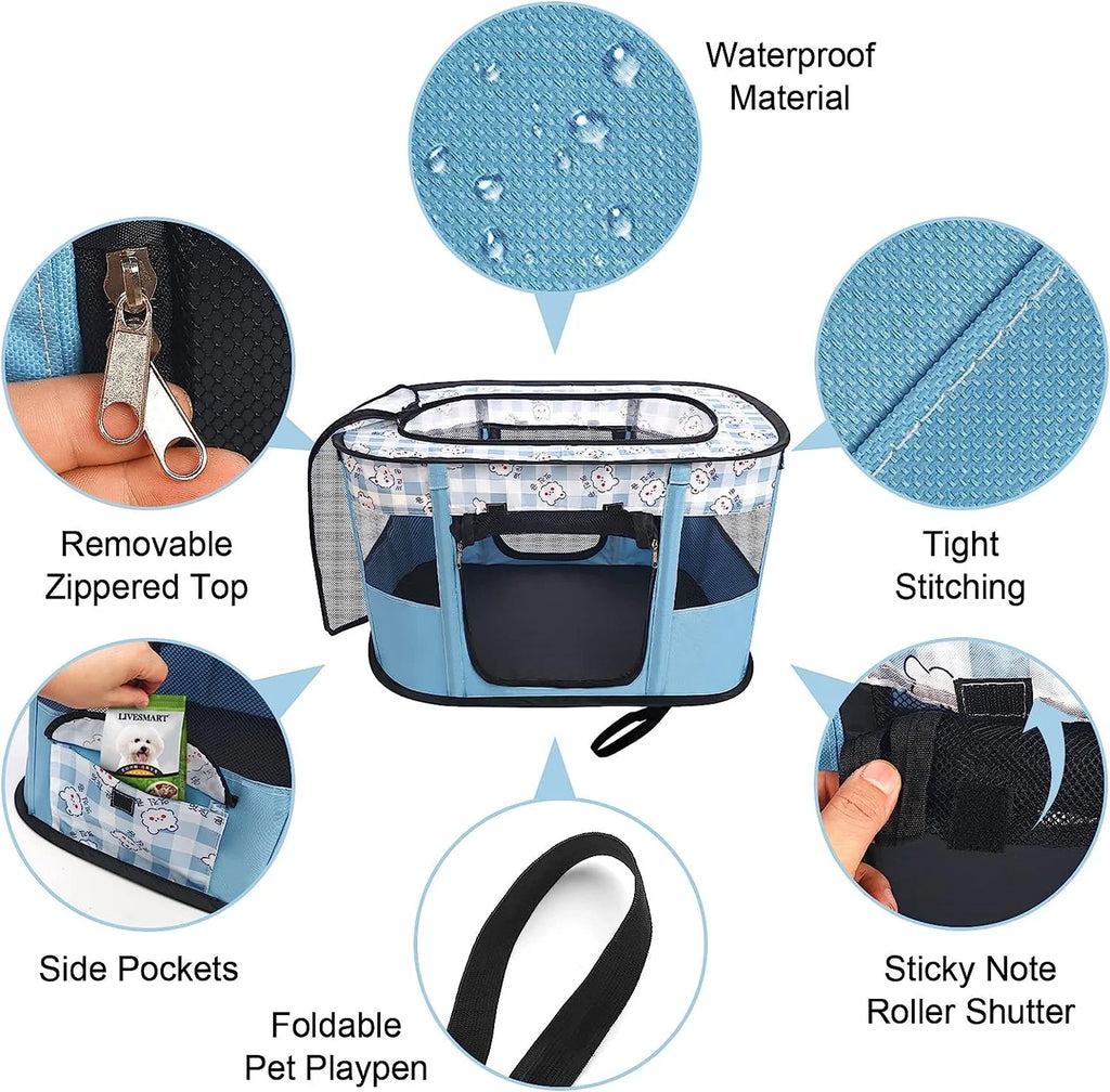 Large Dog Cat Playpen with Carrying Case, Removable Zipper Top P6986