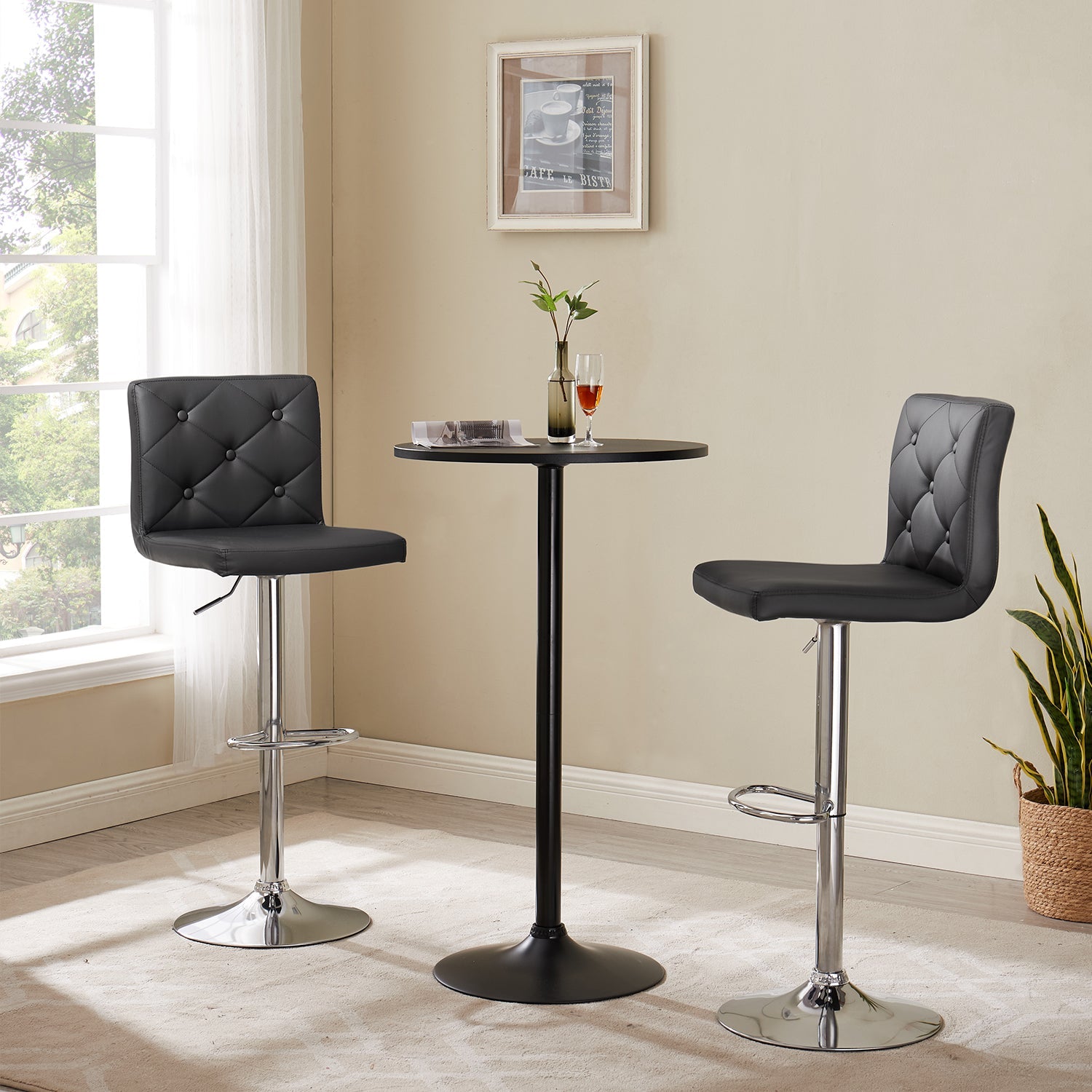 Set of 2 PU Leather Adjustable Swivel Bar Stools with Back, Black Y68210