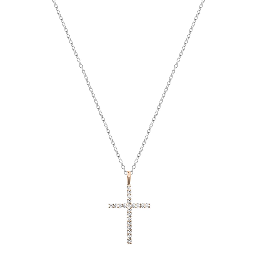 Round White Diamond Cross Pendant with 18 Inch Silver Chain in 14K Rose Gold G571