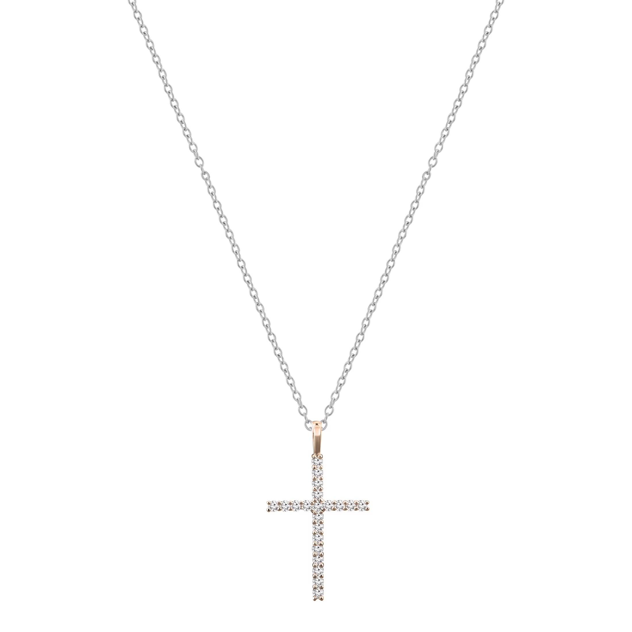 Round White Diamond Cross Pendant with 18 Inch Silver Chain in 14K Rose Gold G571
