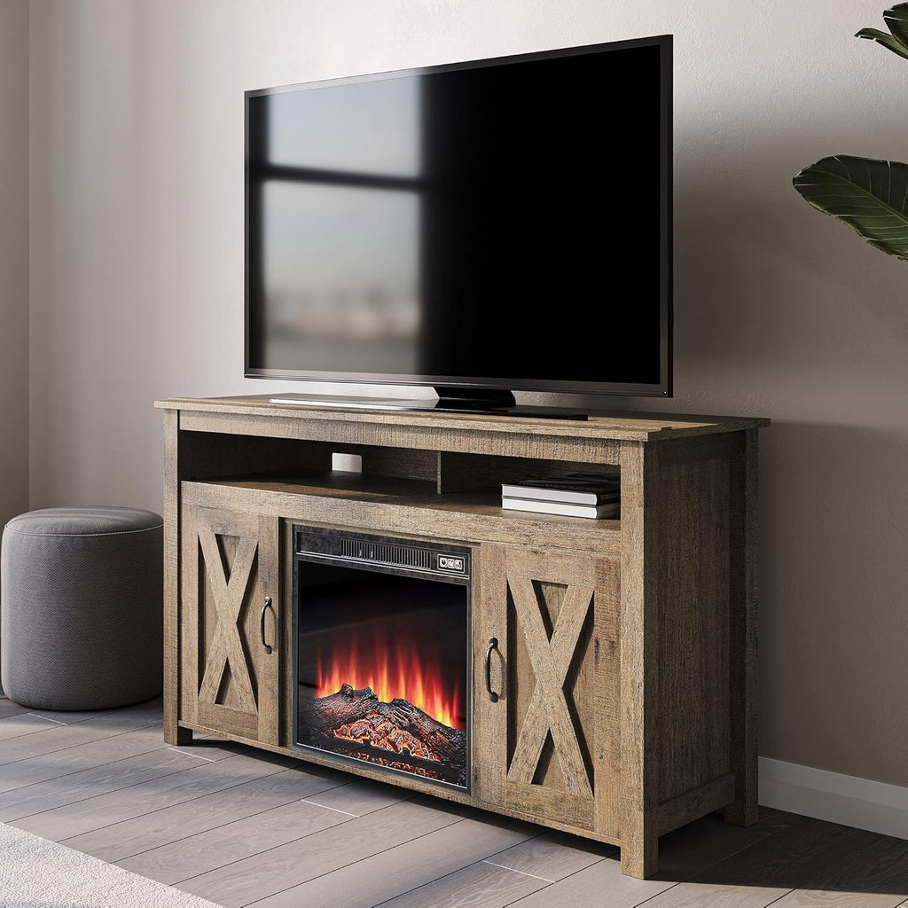Modern Barn Door Wood Electric Fireplace TV Stand with Two Open Shelves and Cabinets V17015
