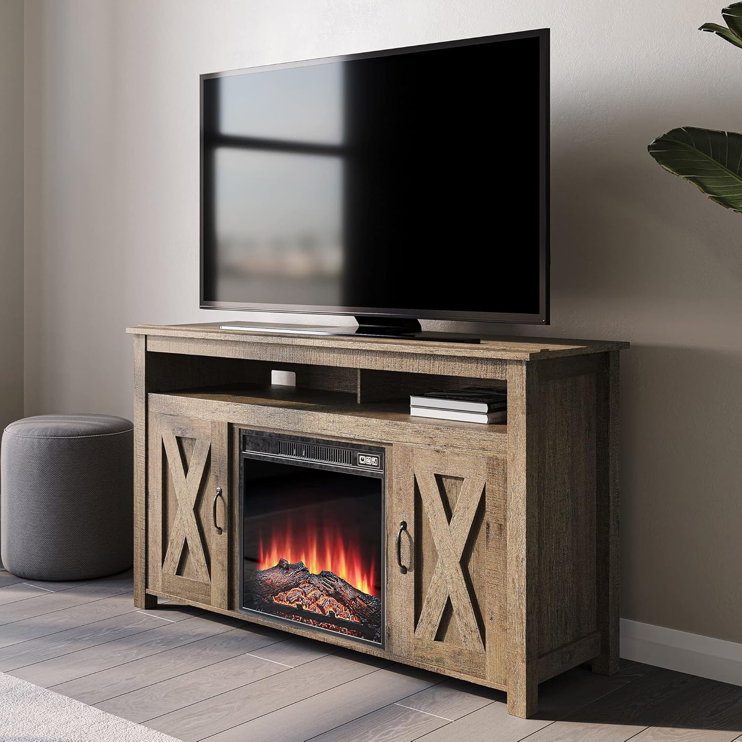 Modern Barn Door Wood Electric Fireplace TV Stand with Two Open Shelves and Cabinets V17015