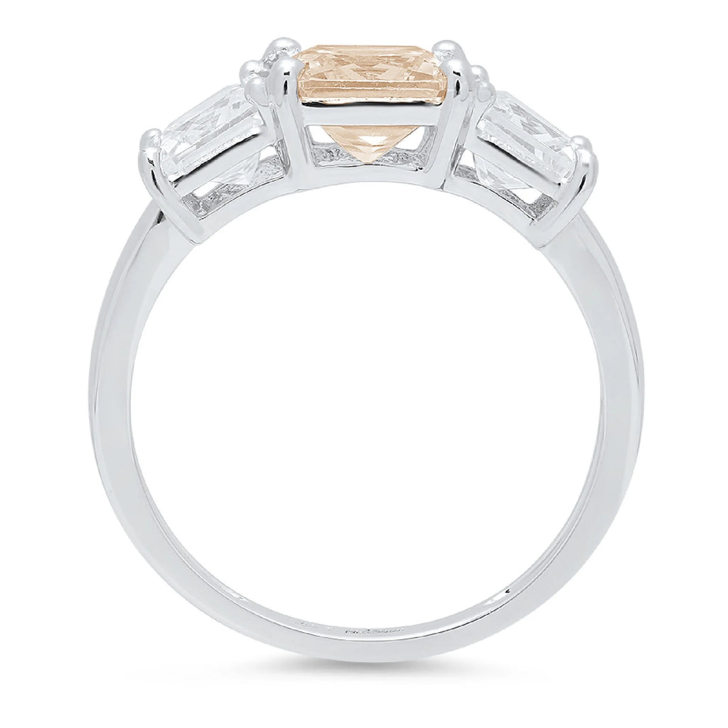 Champagne Simulated Diamond 18k White Gold 3 Stone Ring I3347