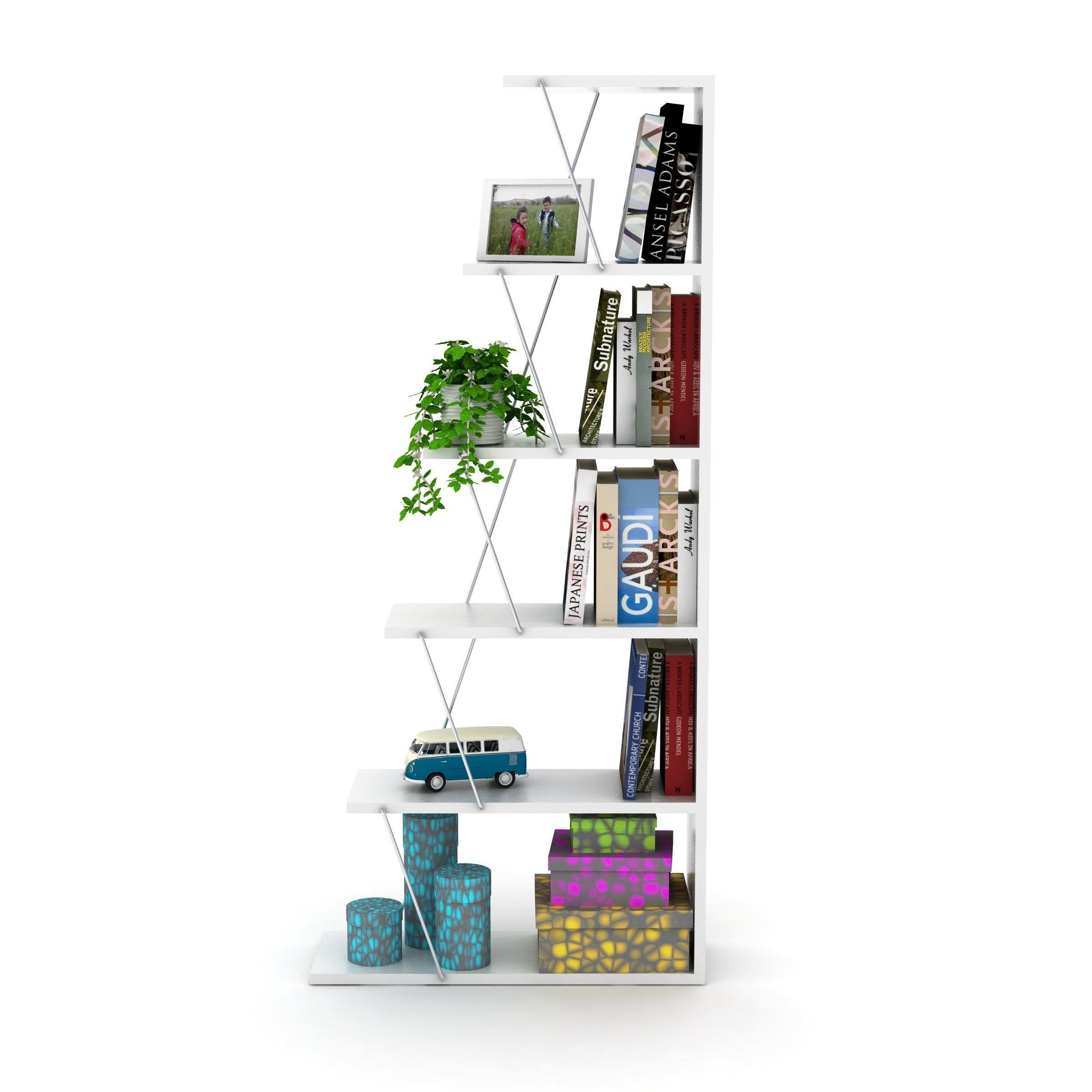 Chrome-White 5-Shelf Angled Bookcase F906