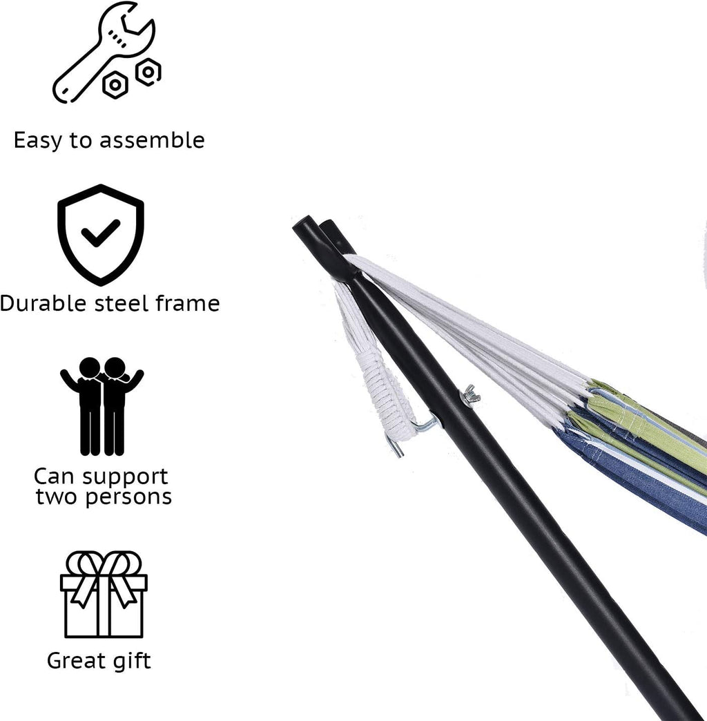 Blue Stripes Double Hammock Bed with Carrying Bag and Steel Stand I614