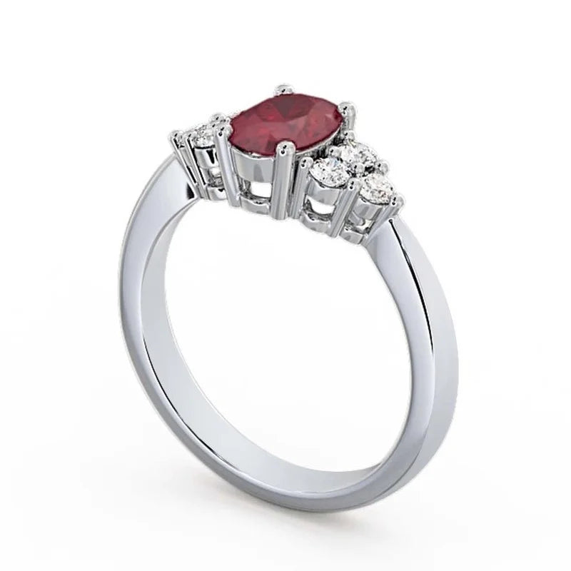 Oval Cut Red Ruby Diamond Solitaire Engagement Ring 14K White Gold Size 7.5 I138940