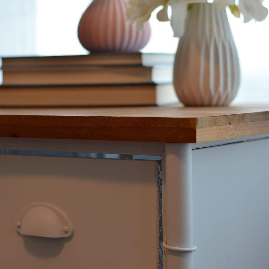 White 8 Drawer Accent Cabinet with Solid Wood Top and Metal Mesh Detailing H581