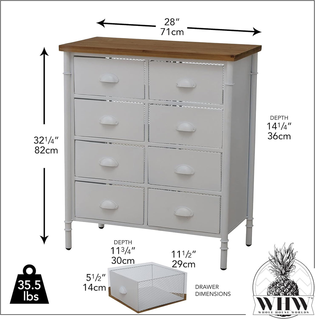 White 8 Drawer Accent Cabinet with Solid Wood Top and Metal Mesh Detailing H581