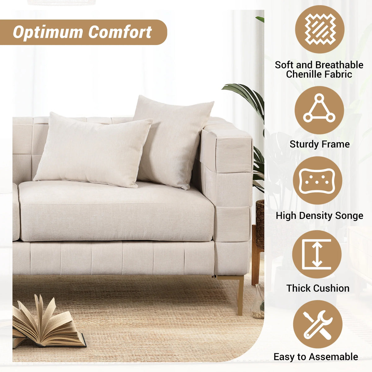 Beige Upholstered Sofa with 4 Pillows and Golden Metal Legs U1715