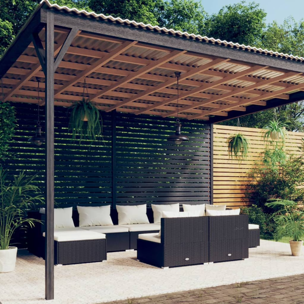 9 Piece Patio Set with Cushions Black Poly Rattan F362