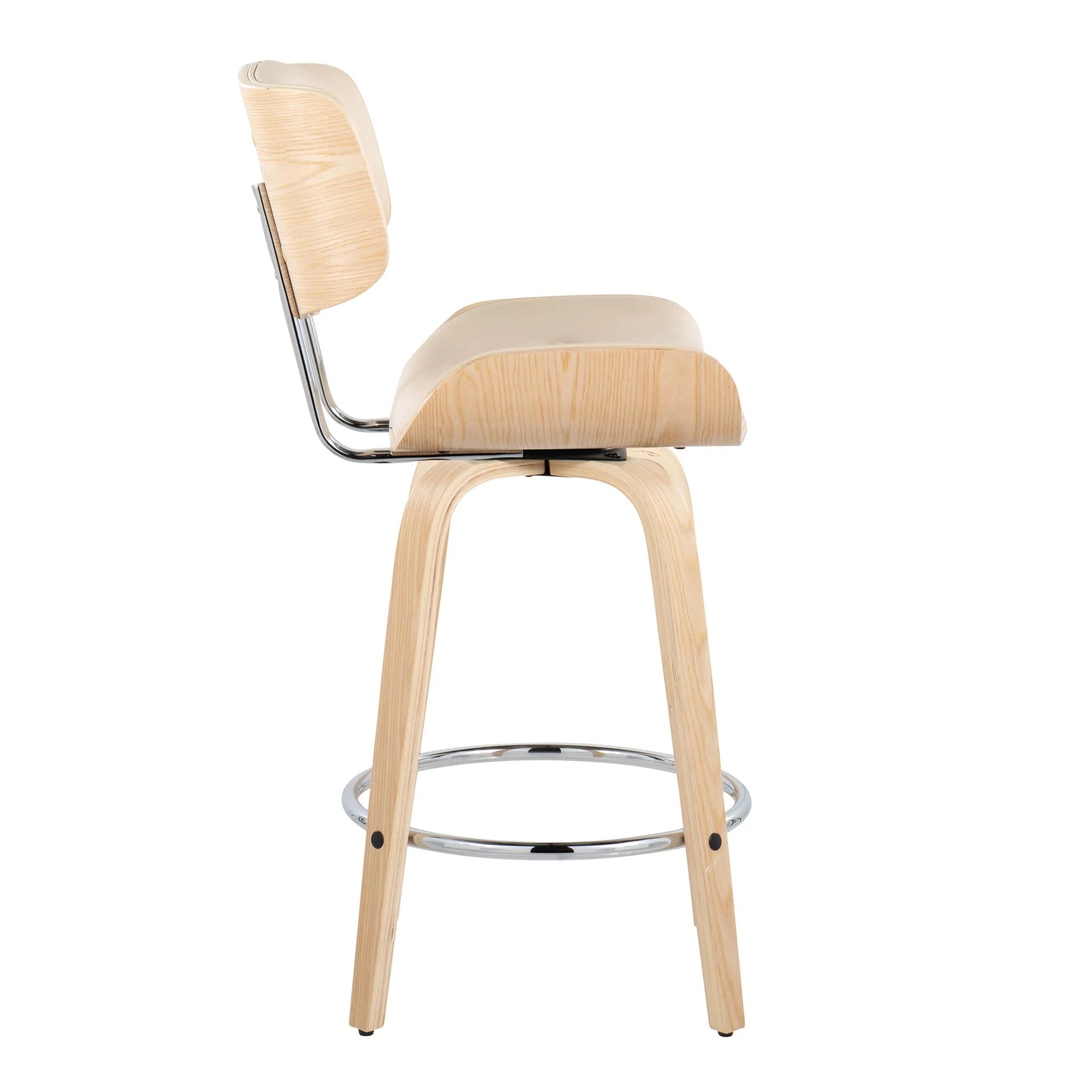 26" Mid-Century Modern Counter Stool with Swivel in Natural Wood and Cream Faux Leather with Round Chrome Metal Footrest - Set of 2 G7583