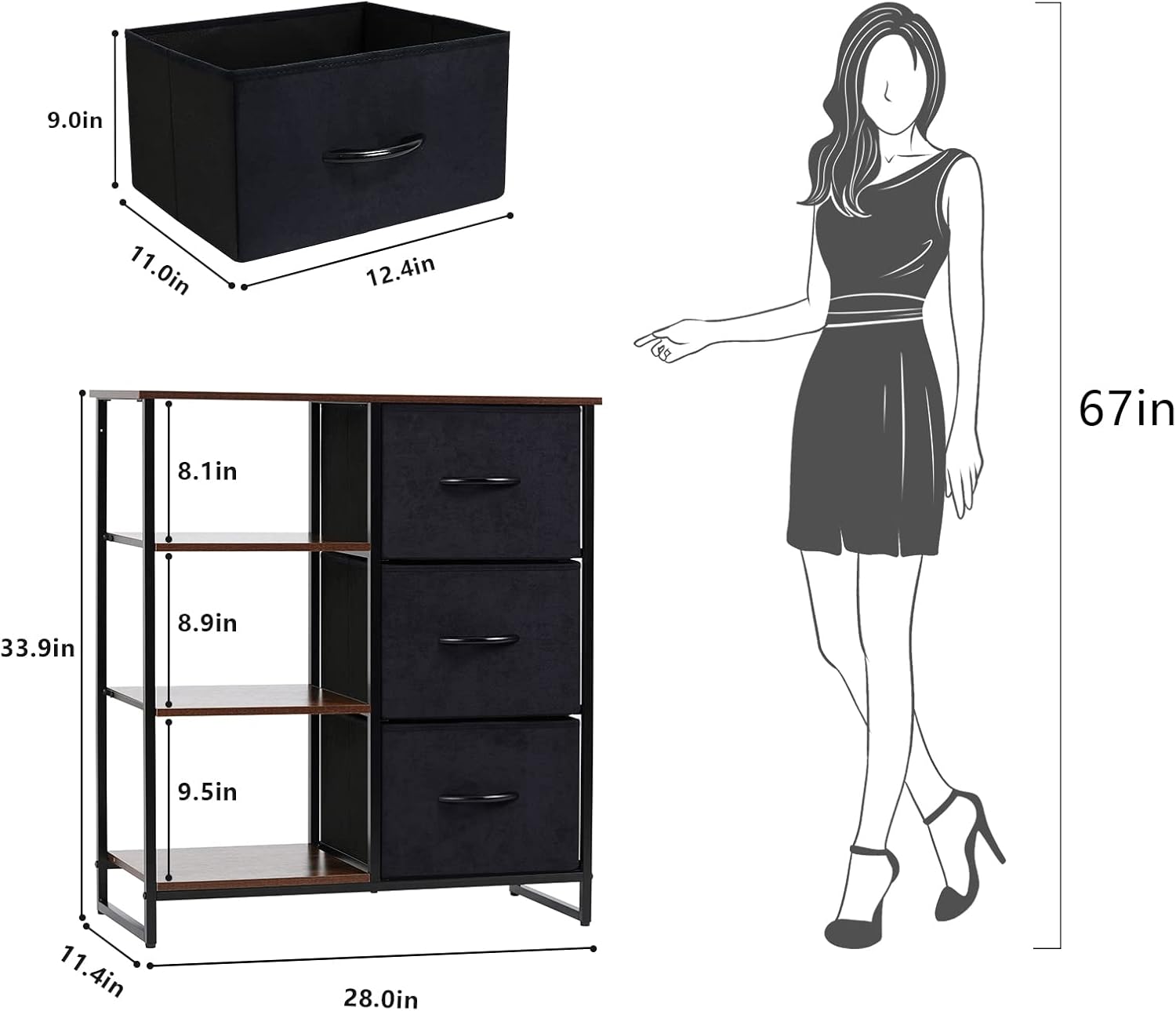 3 Drawer Dresser with Shelves J608