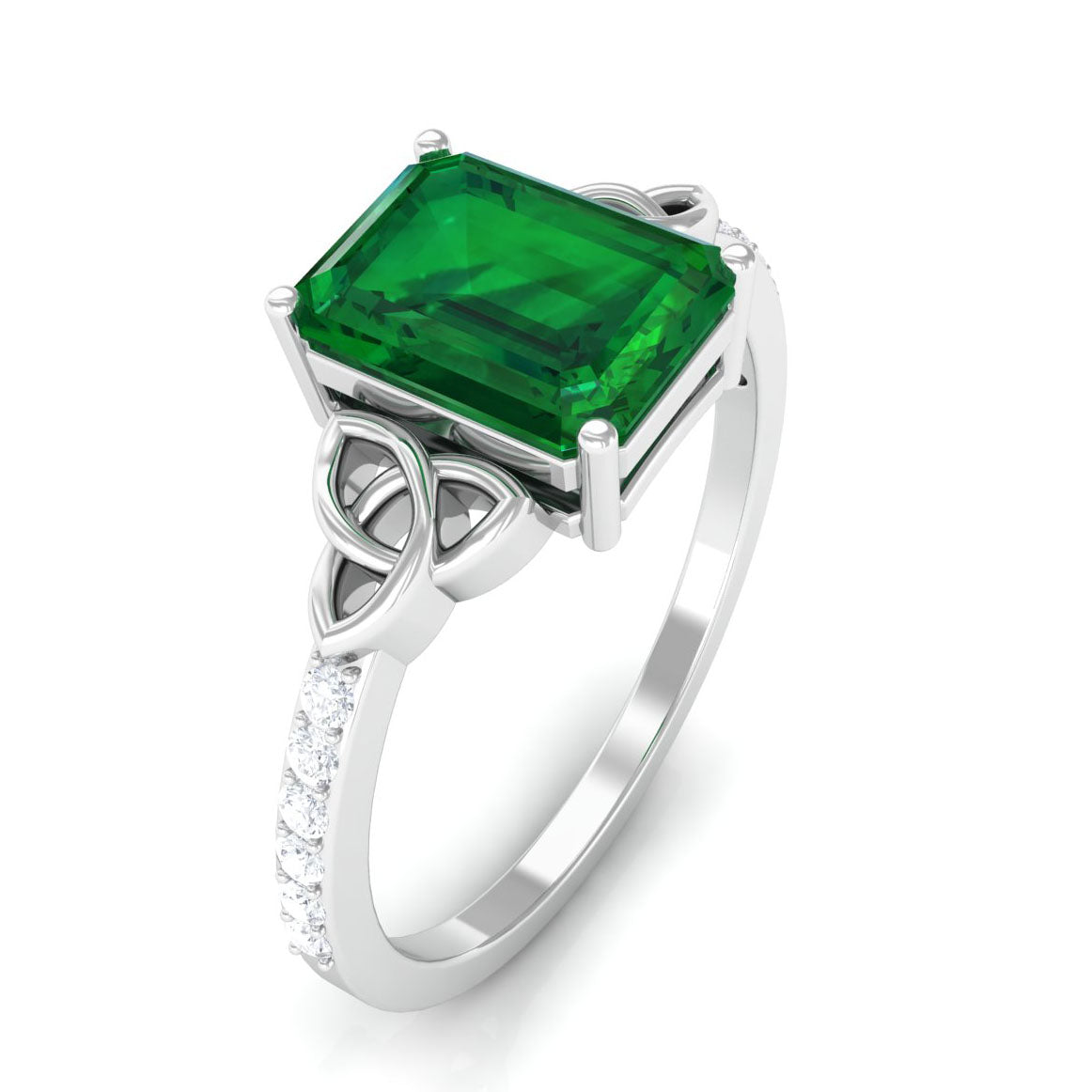Emerald Solitaire Celtic Ring with Diamond - 6X8 mm, 925 Sterling Silver, US 13.00 S7034