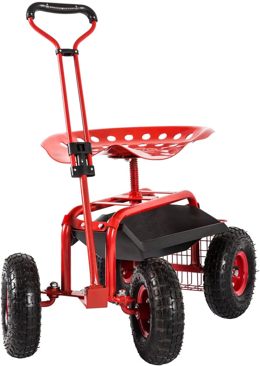 Red Garden Cart Wagon with Adjustable Handle 360 Degree Swivel Seat L77364