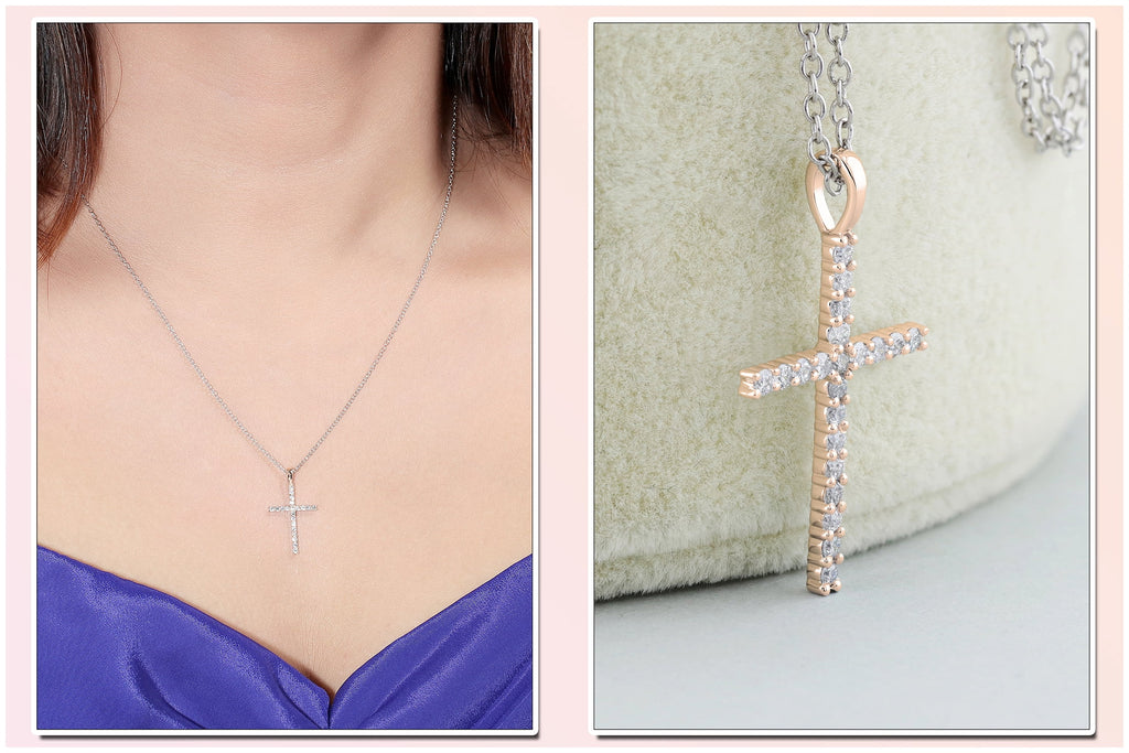 Round White Diamond Cross Pendant with 18 Inch Silver Chain in 14K Rose Gold G571