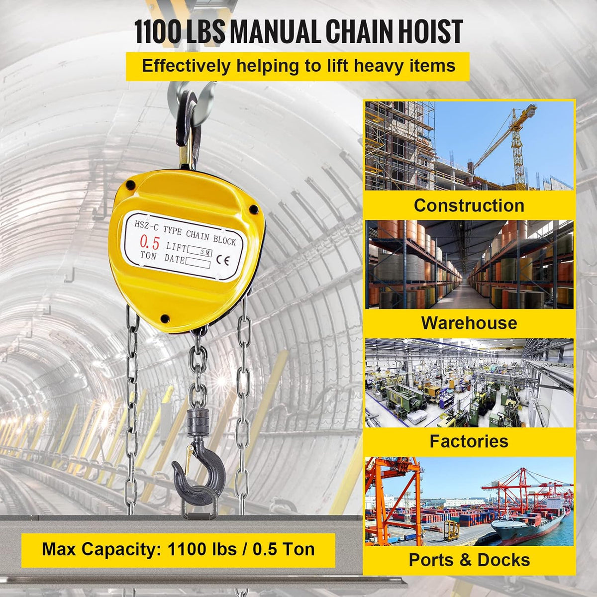 Chain Hoist 1100lbs 10ft Yellow Pack of 2 R94762