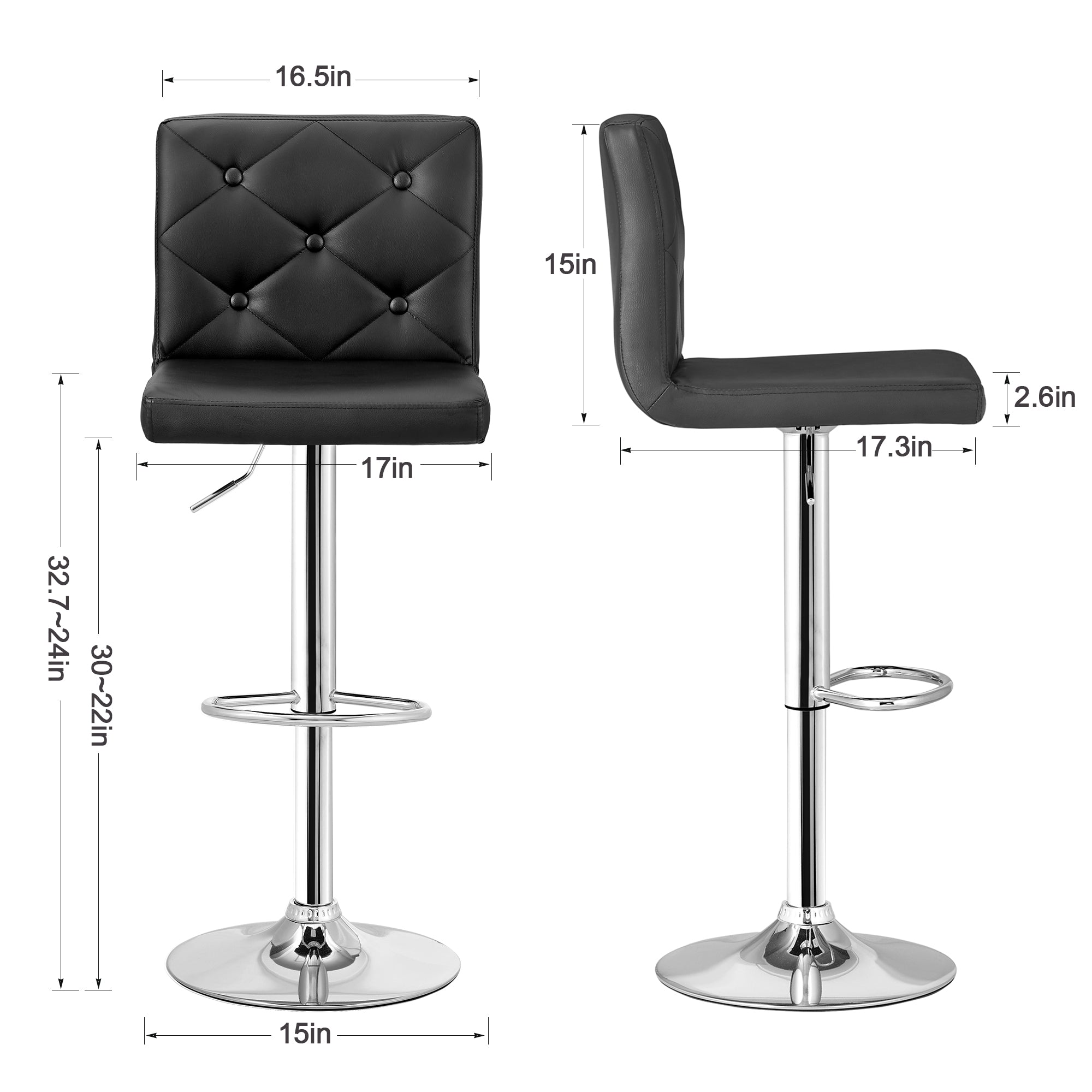 Set of 2 PU Leather Adjustable Swivel Bar Stools with Back, Black Y68210