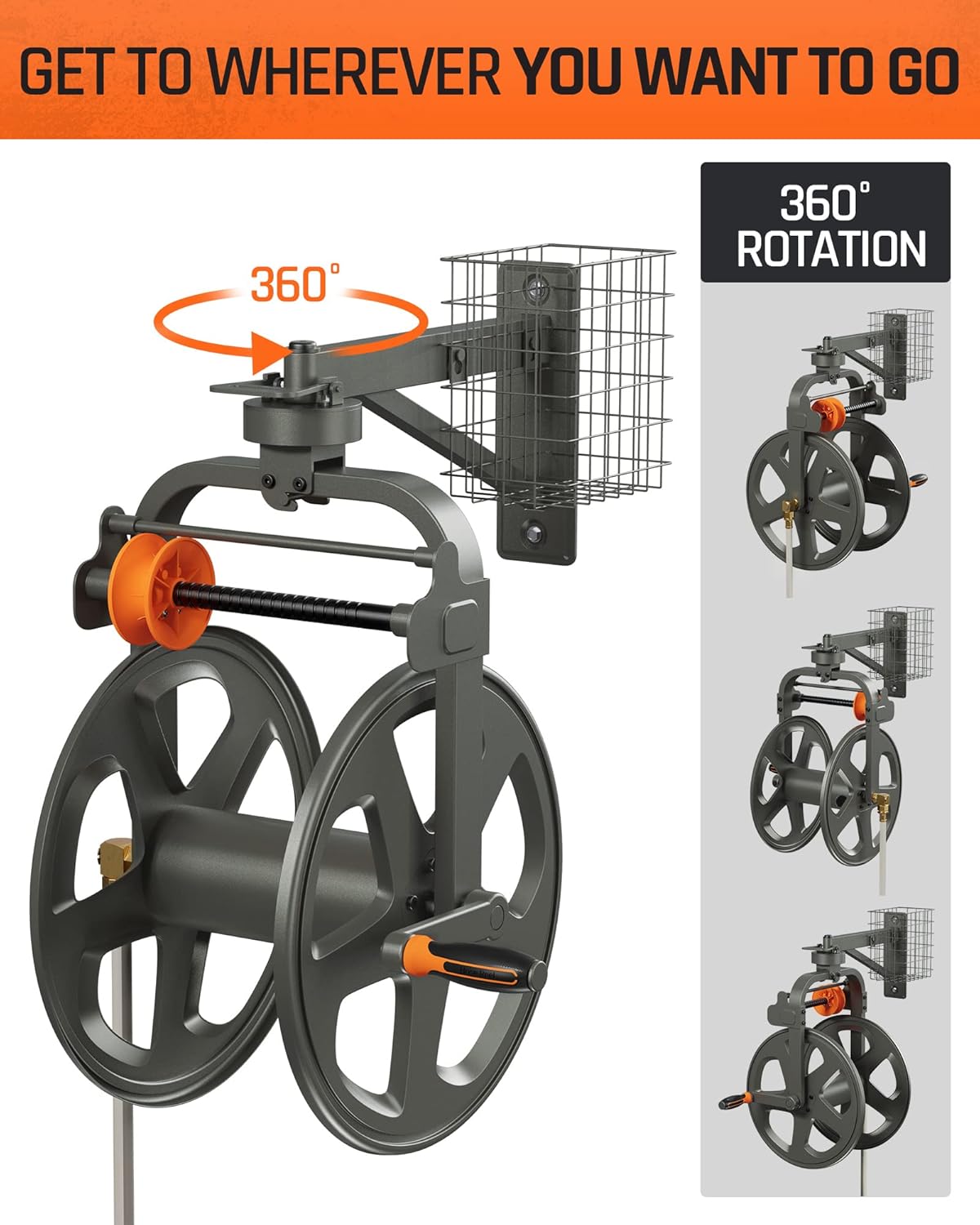 Wall Mounted Metal Hose Reel with Detachable Basket E560384