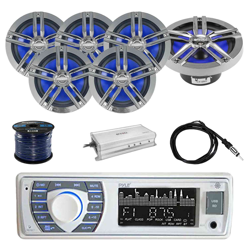 Marine Receiver Stereo with 2-Way 180W 6.5" Loud-SPKR (3-Pairs), Marine Antenna, 4-Chan Amplifier & 50' 16G SPKR Wire R328