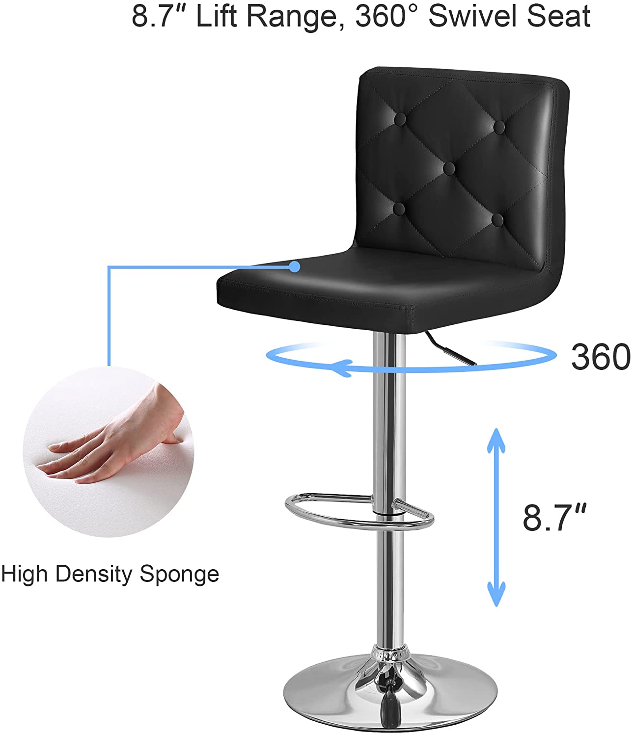 Set of 2 PU Leather Adjustable Swivel Bar Stools with Back, Black Y68210