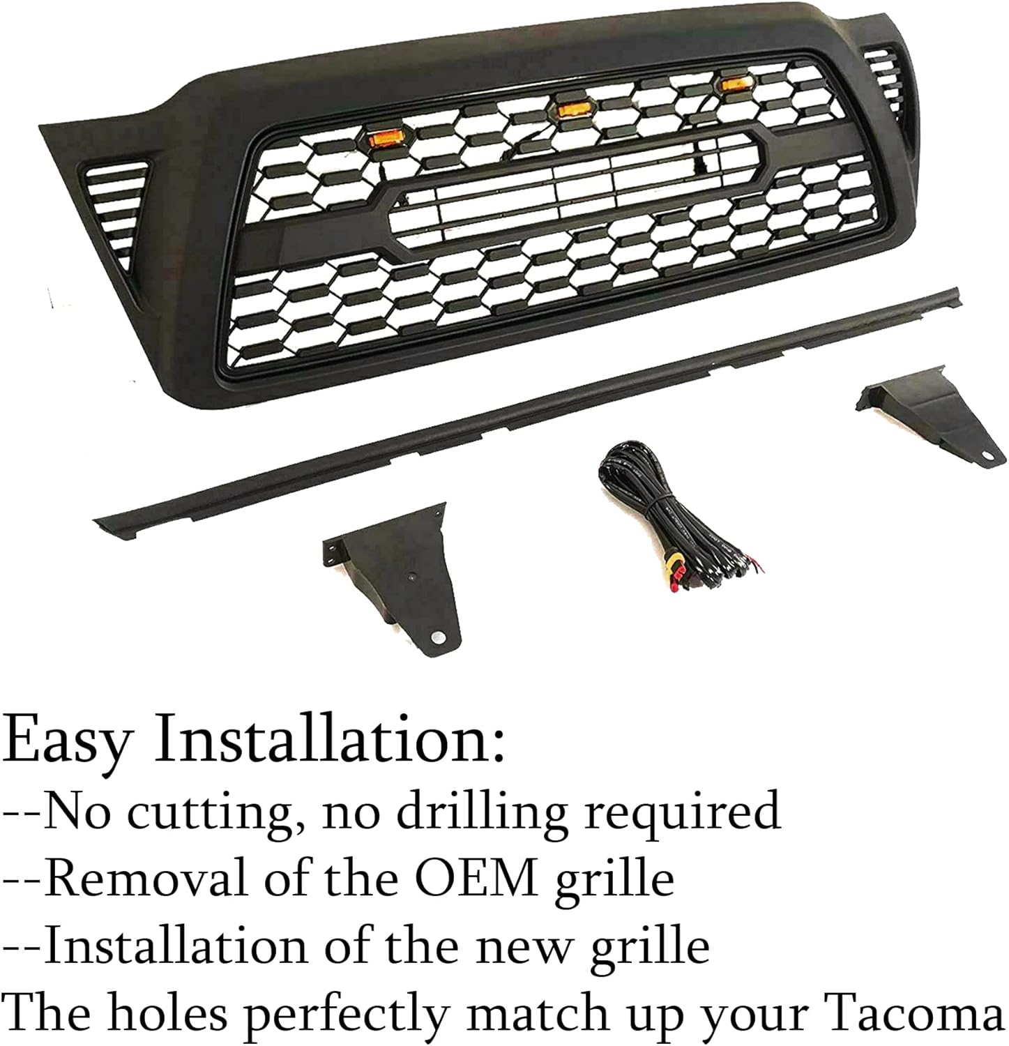 Gloss Black Front Grille with 3 Amber LED Lights I566022