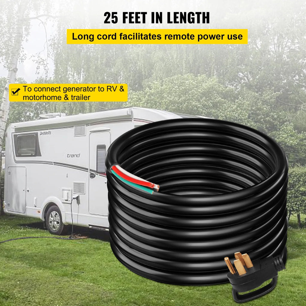 25' 50A RV Power Cord 6/3 + 8/1 AWG NEMA 14-50P to Bare Wire E8813