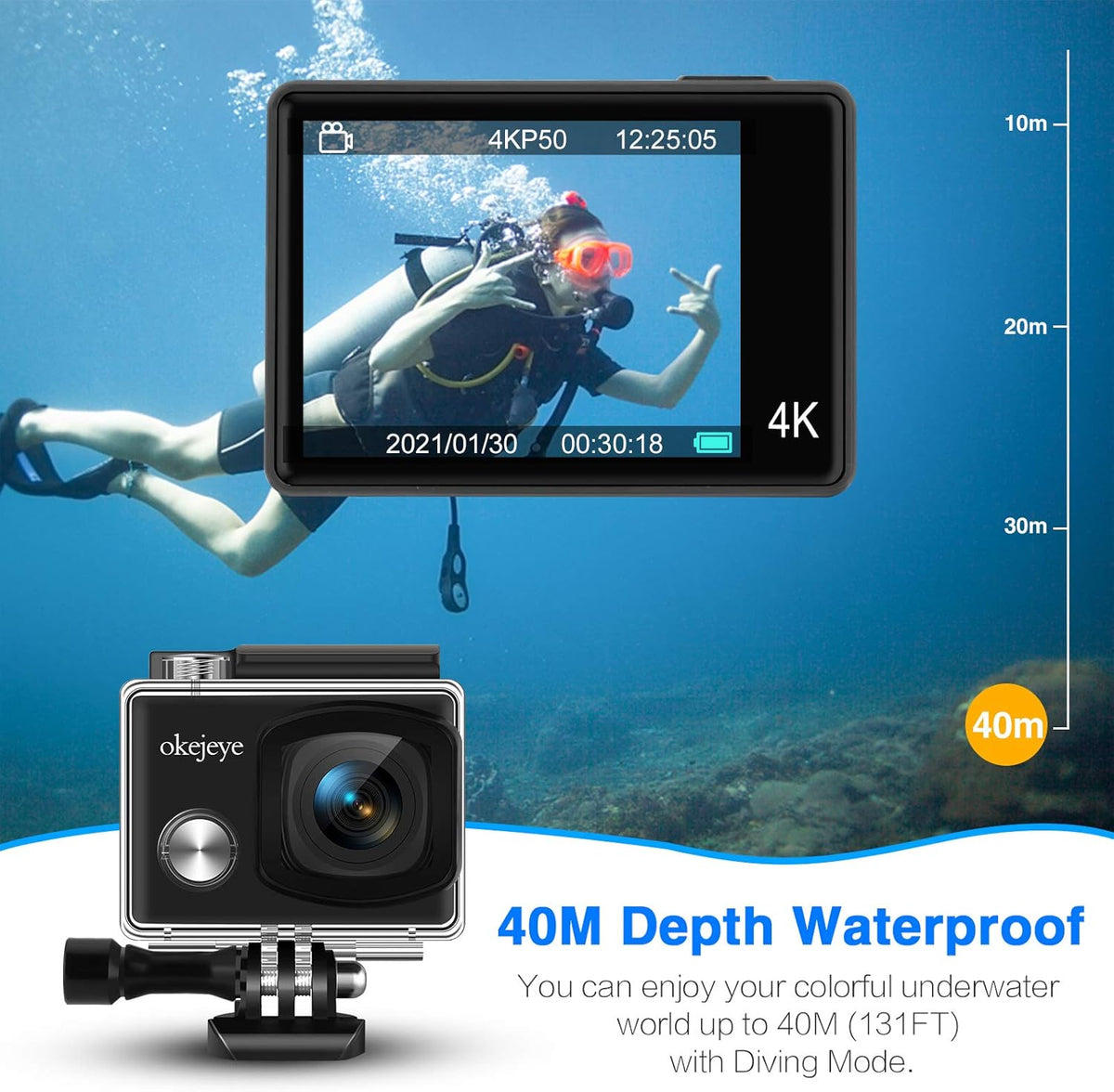 4K Action Camera 50fps 24MP Touch Screen 40M Waterproof WiFi Sport Camera with Remote Control and 32GB Micro SD Card Z649