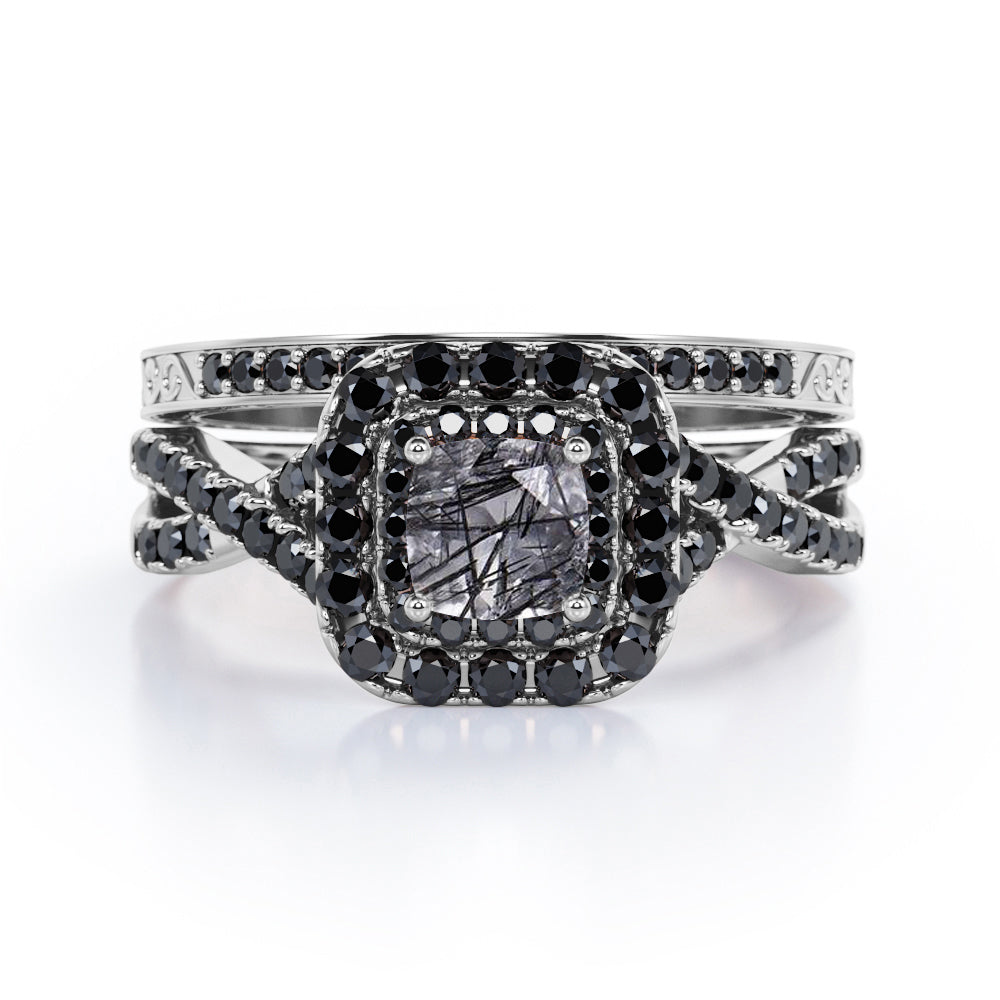 18K White Gold Plated Bridal Set with Black Rutilated Quartz and Lab Created Black Diamond Z12524