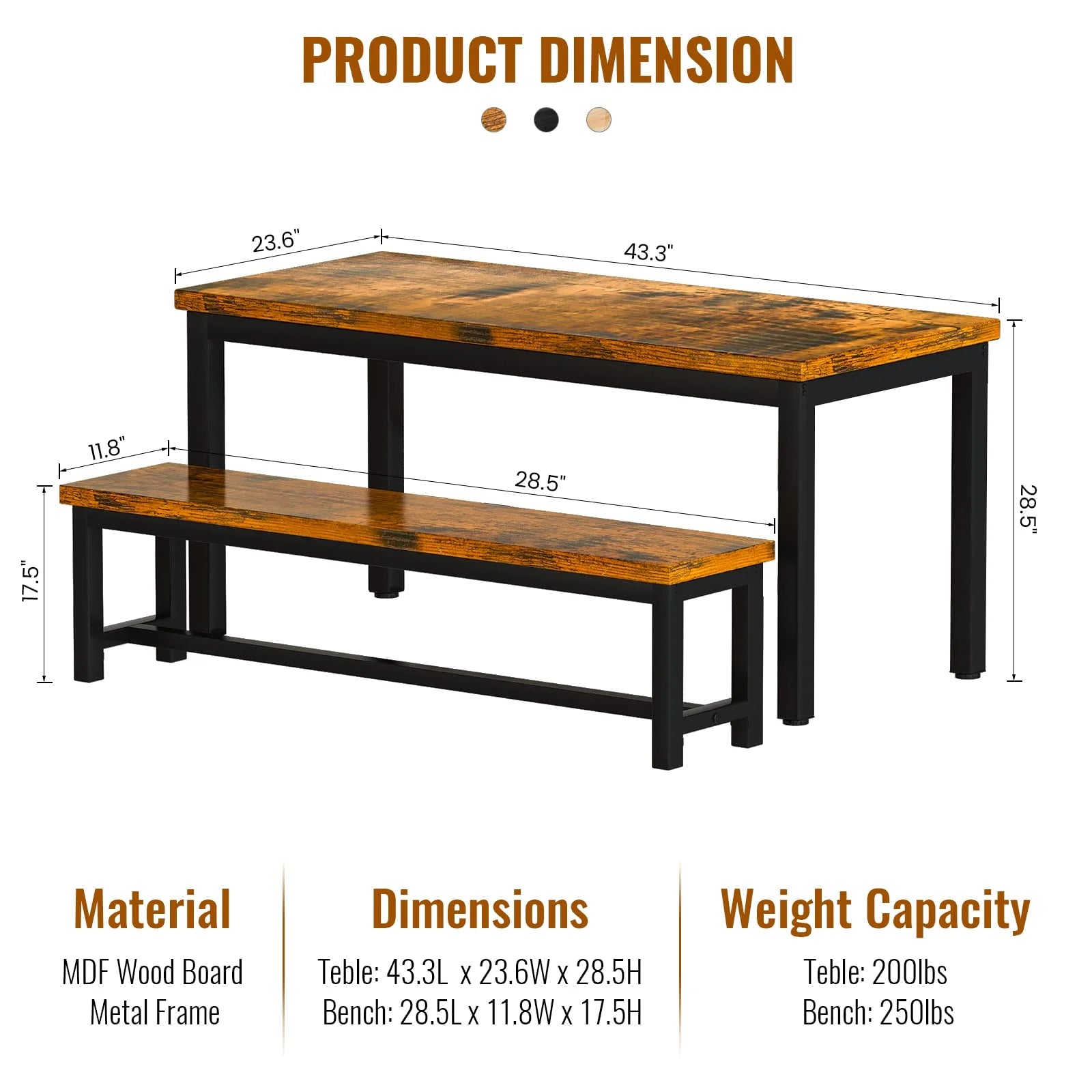 Rustic Brown 4 Person Kitchen Table Set with 2 Benches X696