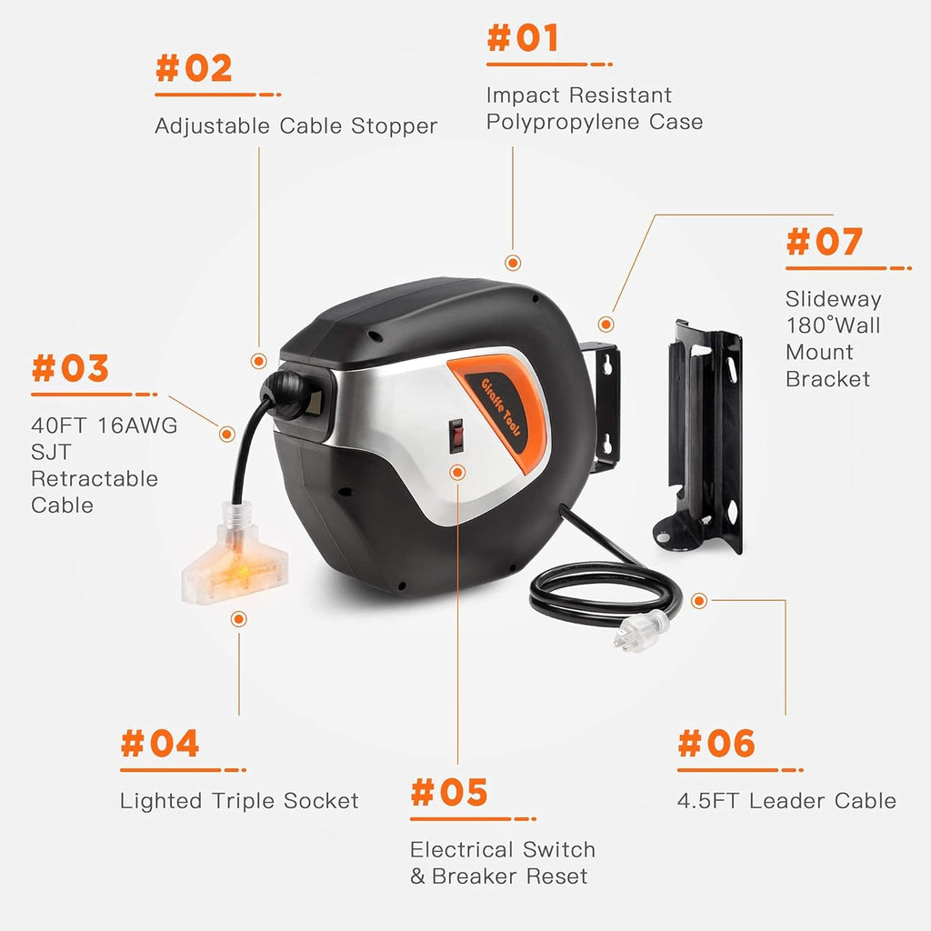 Retractable Extension Cord Reel 40ft Heavy Duty with Swivel Bracket Lighted Triple Tap V957406