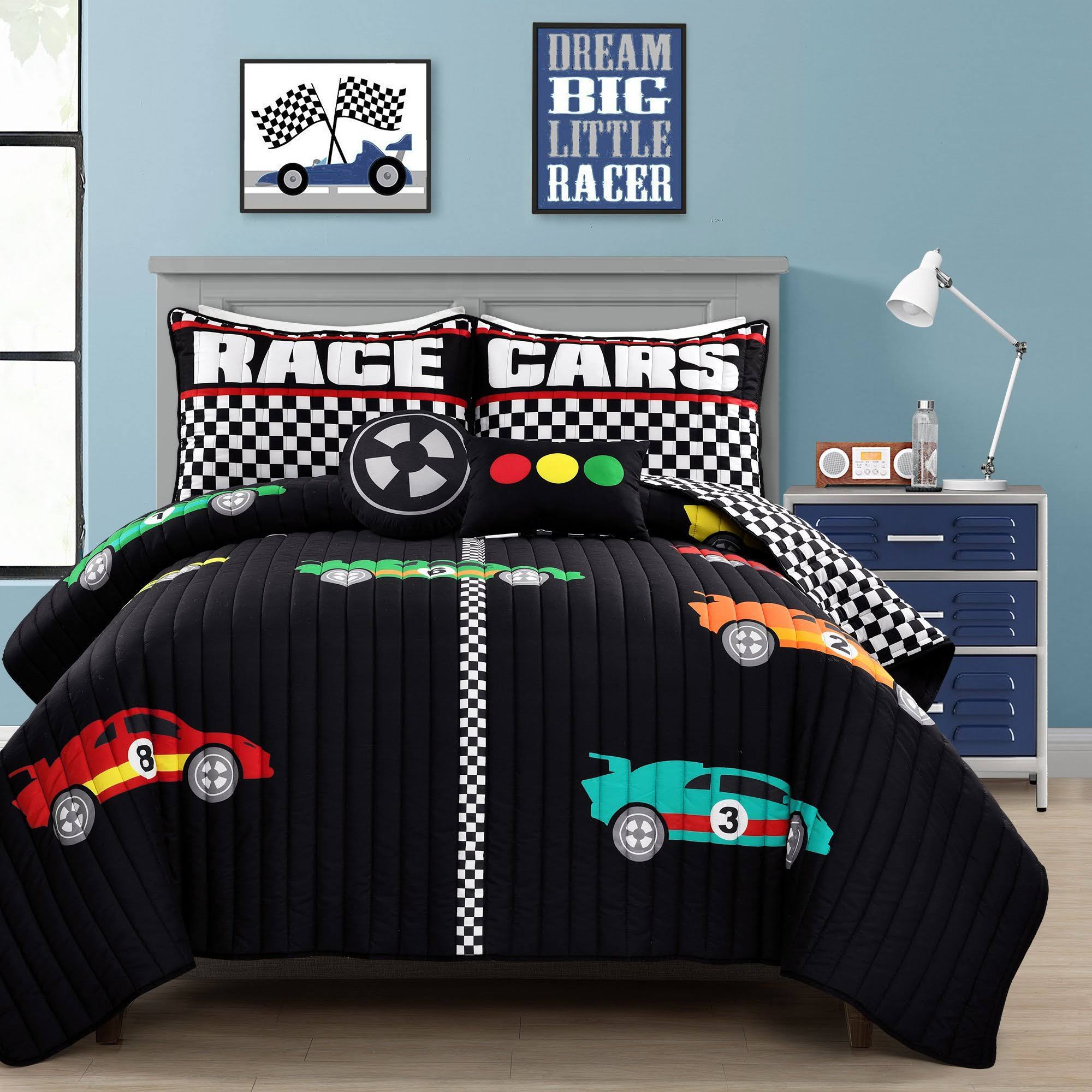 Racing Cars Quilt Black/Multi 5pc Set Full/Queen L551