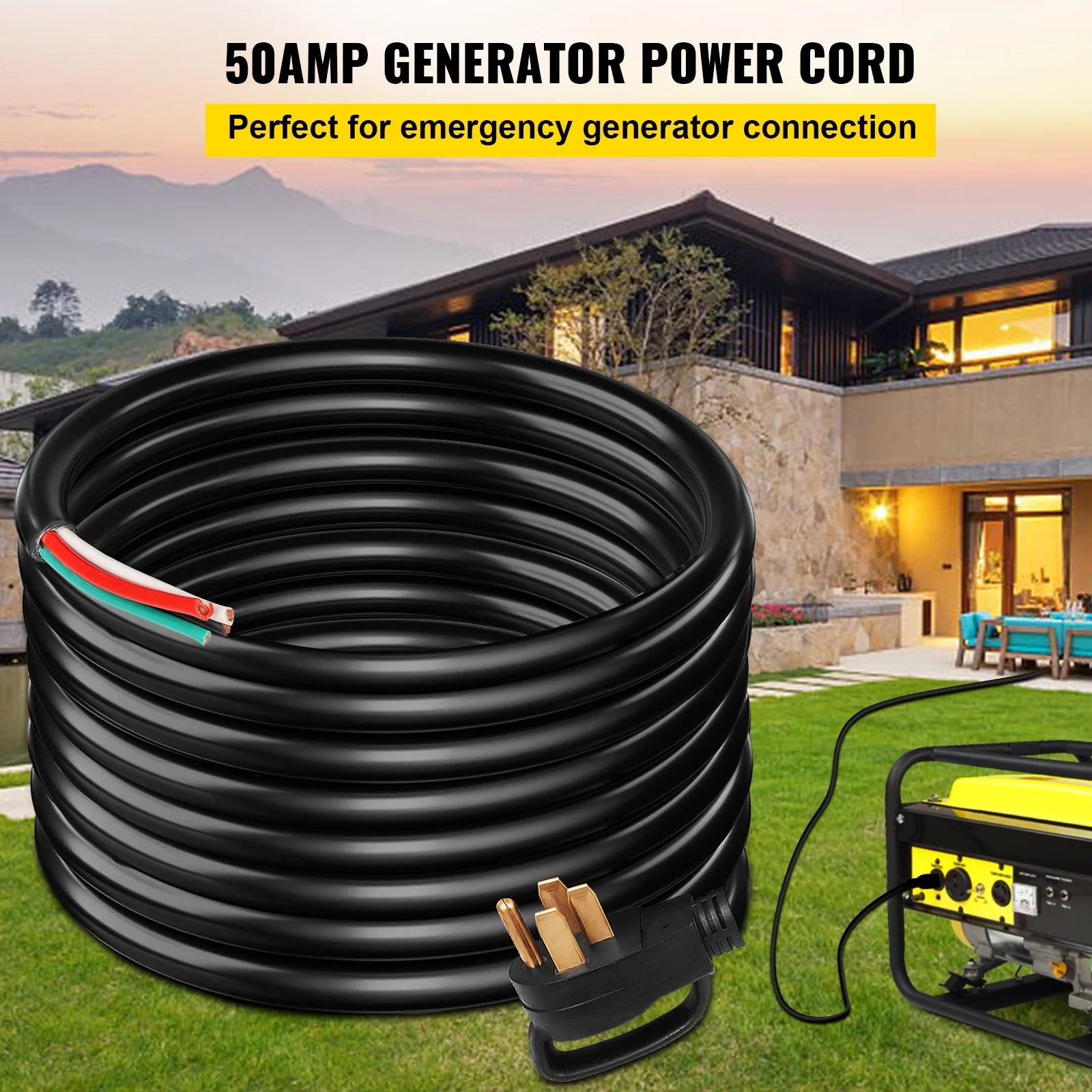 25' 50A RV Power Cord 6/3 + 8/1 AWG NEMA 14-50P to Bare Wire E8813